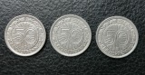 3x 50 Reichspfennig Nickel 1928 D,E,J Weimar Jaeger 324