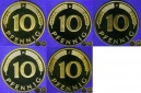 1992 A D F G J * 5 x 10 Pfennig komplett 5 Münzen Polierte Pl...