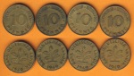 10 Pfennig Bank Deutscher Länder 1949 D + F + G + J kompl. Satz