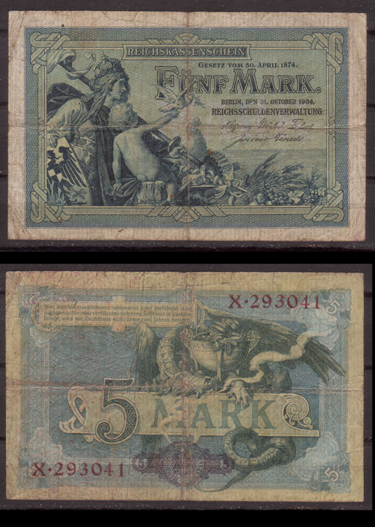 Deutsches Reich , 5 Mark , 1904 , RB-22a , VF
