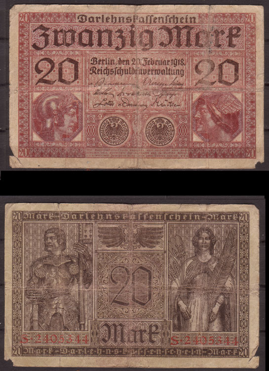 Deutsches Reich , I WK , 20 Mark , 1918 , RB-55 , VG
