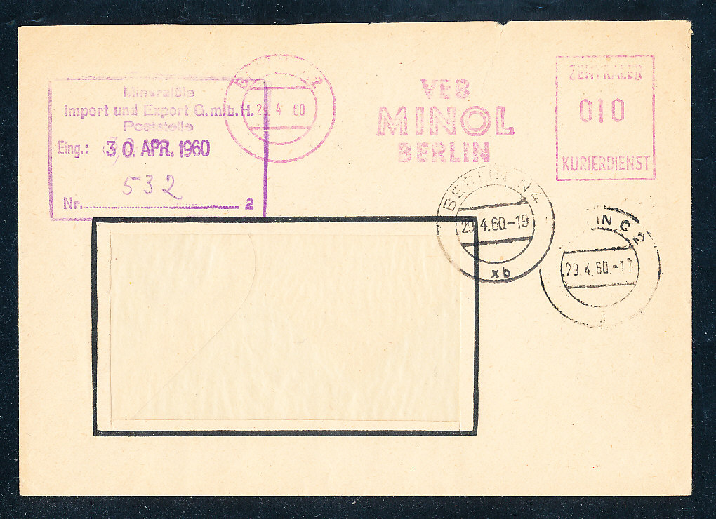 DDR ZKD Bedarfsbrief 0,10 VEB Minol Berlin 29 4 60 mit Eingangsstempel Mineral&ouml;l Import u Export