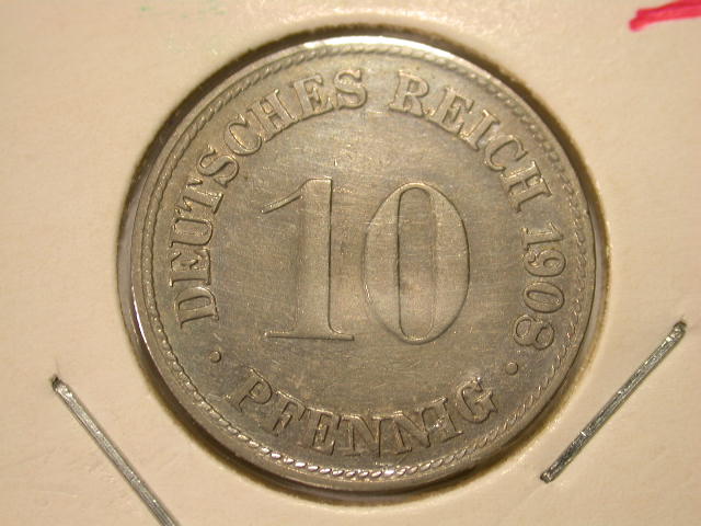  12013  Kaisereich  10 Pfennig  1908 D in vz   