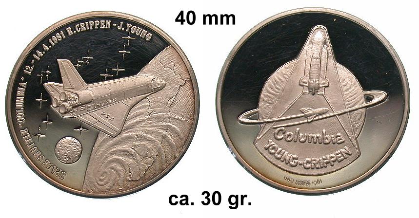 Silber Medaille COLUMBIA Shuttle Erstflug 1981 999,9 Feinsilber Originalbild