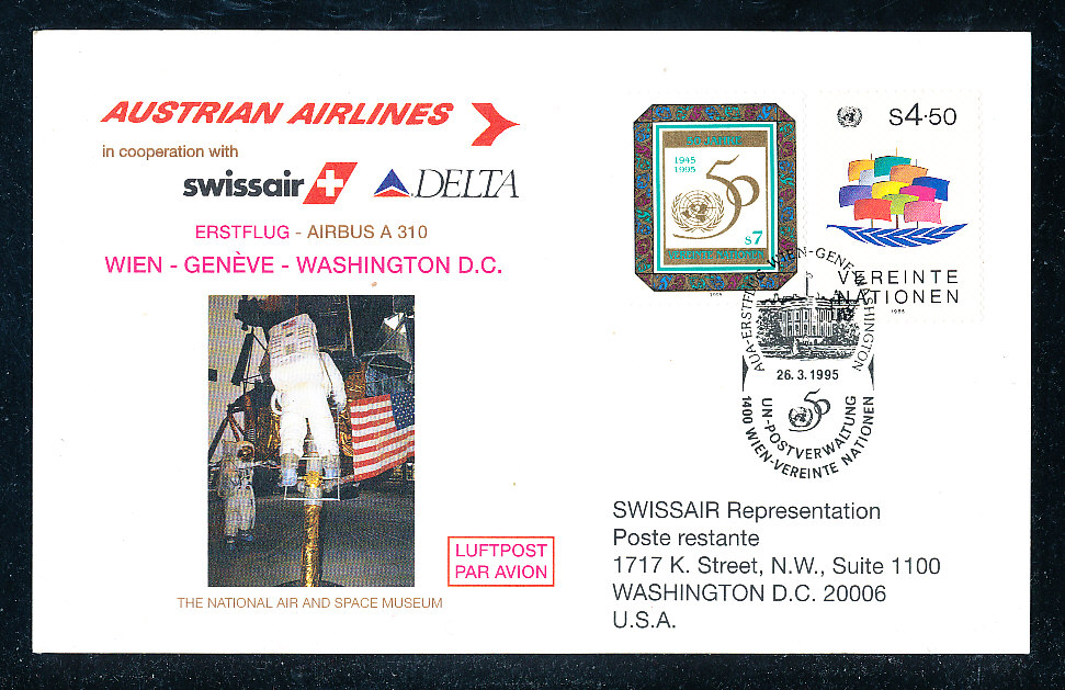 Austrian Airlines Airbus A 310 Erstflug Erstflug Wien (UNO) � Washington offiz illustrierten�Karte