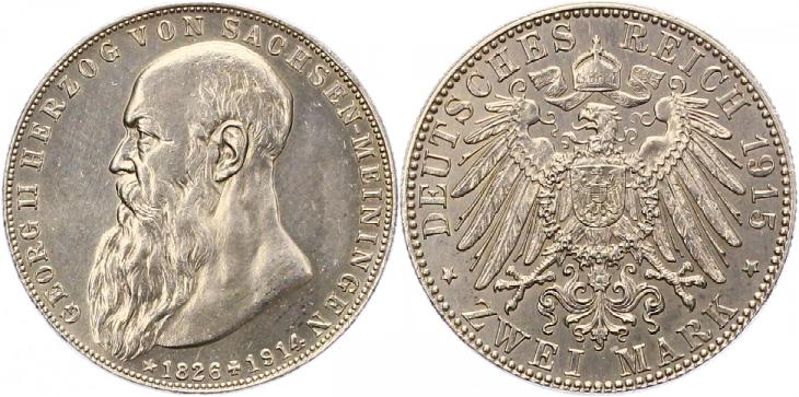  6773 Sachsen Meiningen 2 Mark Silber 1915  sehr schön vorzüglich   