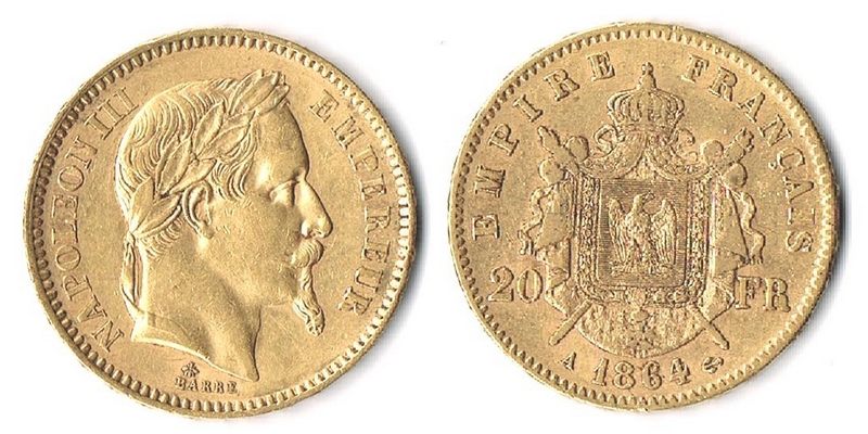 Frankreich 20 Francs 1864 A sehr sch&ouml;n MM-Frankfurt Feingewicht: 5,81g Gold