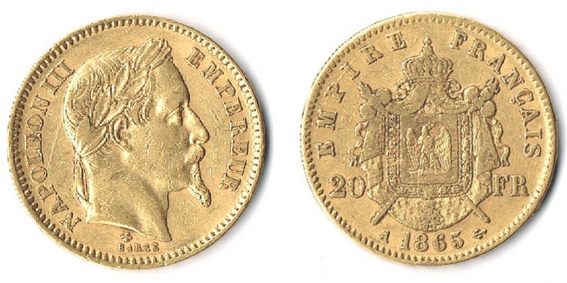 Frankreich 20 Francs 1865 A sehr sch&ouml;n MM-Frankfurt Feingewicht: 5,81g Gold