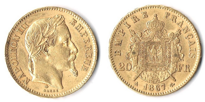 Frankreich 20 Francs 1867 sehr sch&ouml;n MM-Frankfurt Feingewicht: 5,81g Gold