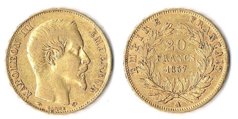 Frankreich 20 Francs 1857 A sehr sch&ouml;n MM-Frankfurt Feingewicht: 5,81g Gold