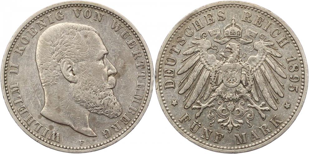 7338 W&uuml;rttemberg 5 Mark Silber 1895 sehr sch&ouml;n