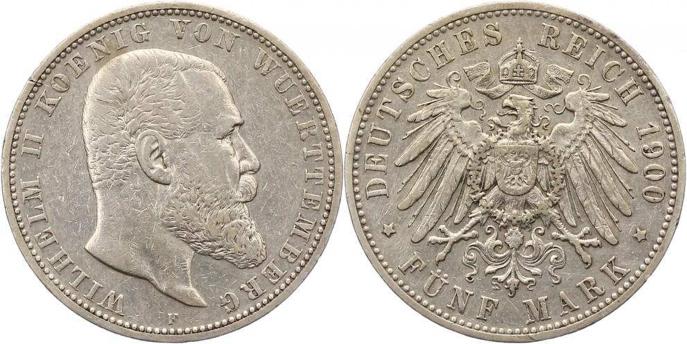 7340 W&uuml;rttemberg 5 Mark Silber 1900 sehr sch&ouml;n