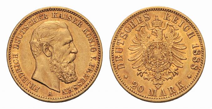 PEUS Preu&szlig;en 20 Mark GOLD 1888 A Sehr sch&ouml;n / Vorz&uuml;glich 7,17 g Feingold Friedrich III