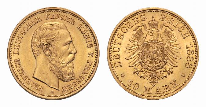 PEUS Preu&szlig;en 10 Mark GOLD 1888 A Vorz&uuml;glich 3,58 g Feingold Friedrich