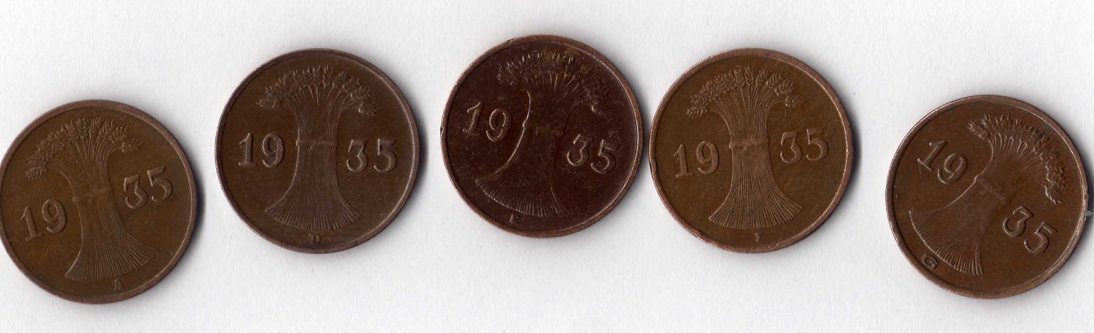  Weimarer Republik 1 Reichspfennig 1935 A, D, E, F und G / ss-ss+ ** Jaeger 313.   