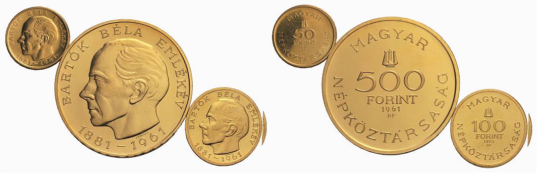PEUS Ungarn Insg. 49,2 g Feingold. Bela Bartok incl. Originalverpackung + Zertififkat Nur 2.500 Exemplare Proof Set GOLD (3 Münzen) 1961 Proof
