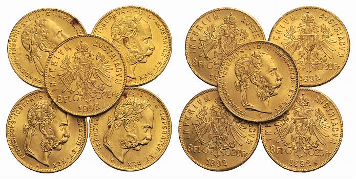 PEUS Österreich Insgesamt 58,1 g Feingold. Franz Joseph I. (1848 - 1916) 8 Gulden-Lot (10 Münzen NP) GOLD 1892 Vorzüglich / Stempelglanz