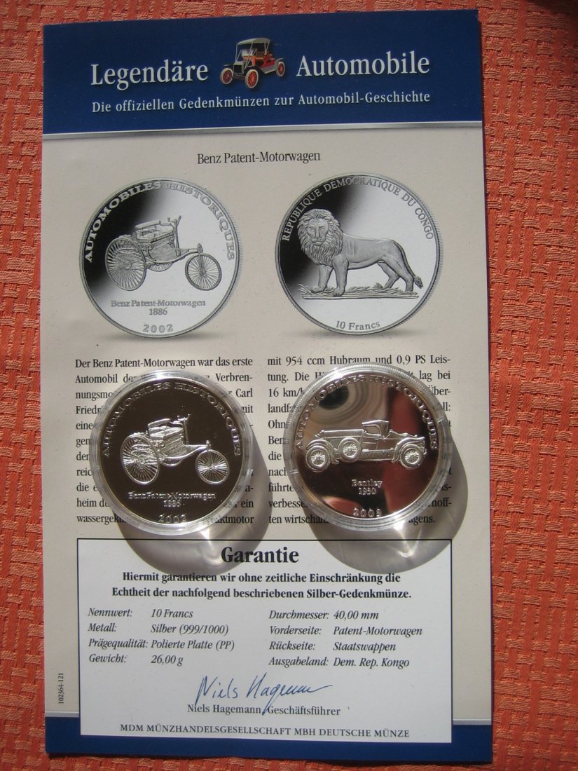  Kongo 2 x 10 Francs 2002/2003 Silber PP.Legendäre Automobile.   