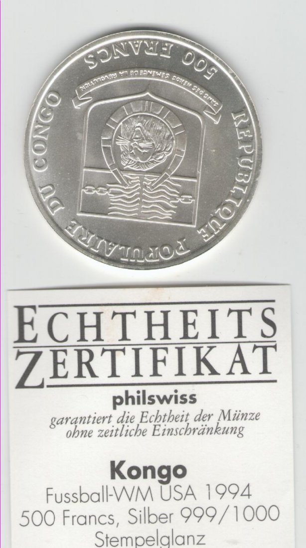  500 Francs Kongo 1991(Fussball WM) Silber   