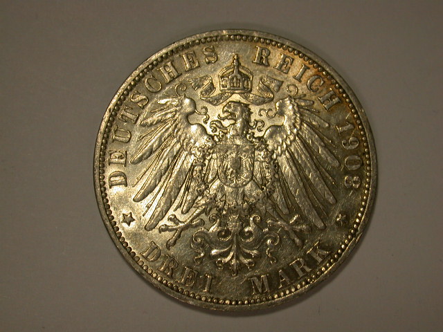  13102 KR Silber  Preussen  3 Mark 1908 in vz/vz+   