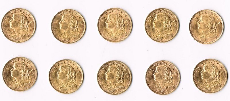 Schweiz MM-Frankfurt Feingewicht: 58,1g Gold 10x20sFR (Vreneli) 1935,1947 vorzüglich