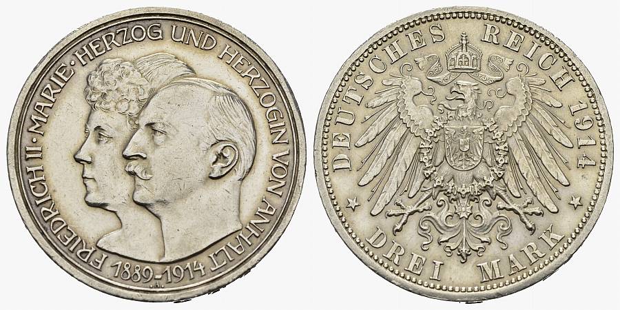 PEUS Kaiserreich Anhalt Zur Silberhochzeit 3 Mark 1914 A Sehr schön / Vorzüglich