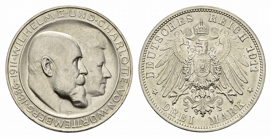 PEUS Kaiserreich - Württemberg Zur Silberhochzeit 3 Mark 1911 F Vorzüglich / Stempelglanz