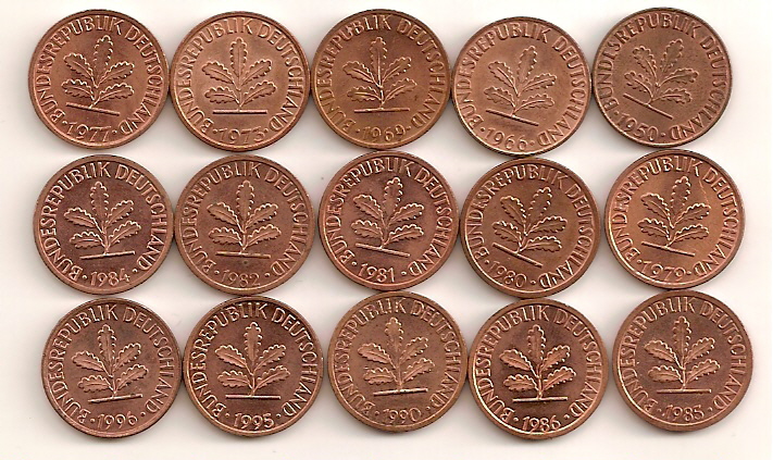  1 Pfennig BRD, 15 verschiedene Jahrgänge 1950-1996, TOP-Erhaltung, vz-stgl.   