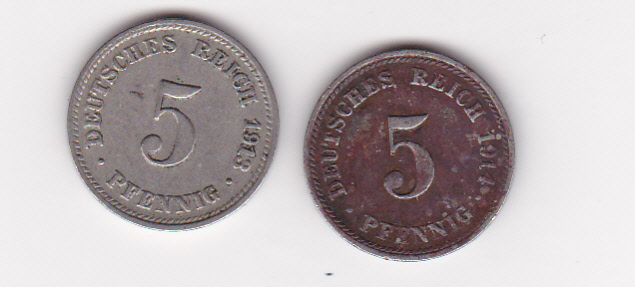  Kaiserreich, J 12, 5 Pfennig 1913 D, 1914 D   