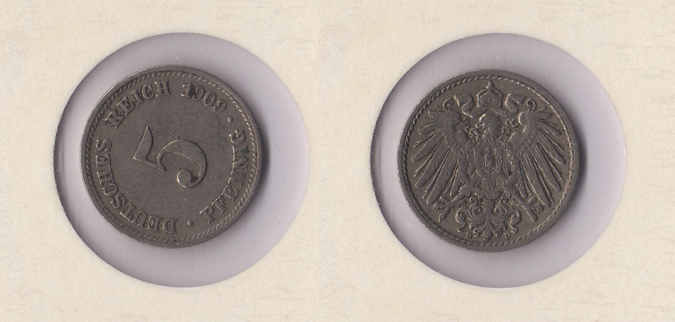  Kaiserreich 5 Pfennig 1909 -D- (2) ss ** Jaeger 12.   