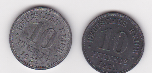  Weimarer Republik, Lot 10 Pfennig 1921,1922, vorzüglich   