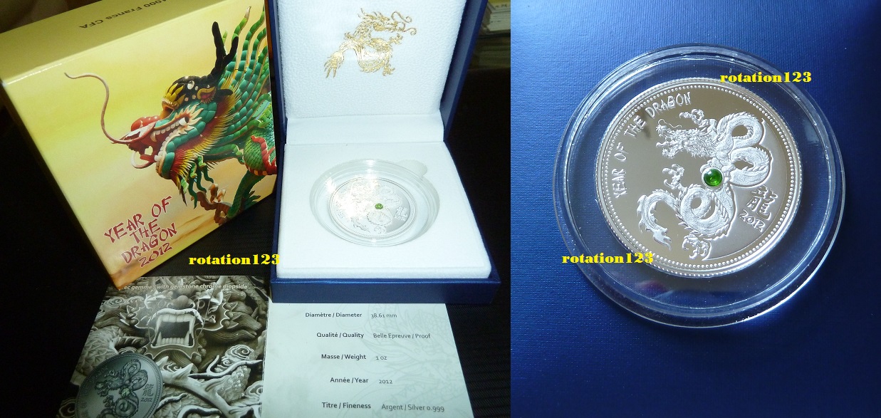  Kamerun 1.000 Francs CFA 2012 <i>Year of Dragon</i> 1 Oz .999 Silber Diopside ** Max. 500 Ex. **   