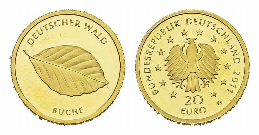 PEUS (1371) BRD 3,89 g Feingold. Deutscher Wald - Buche OHNE Zertifikat + Verpackung 20 Euro GOLD 2011 G Karlsruhe Winzige Kratzer, stempelglanz