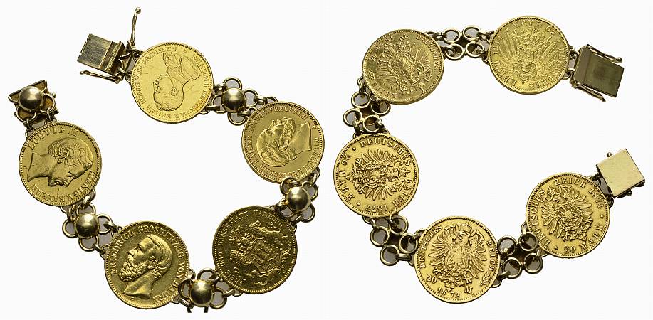 PEUS Reichsgold Raugewicht Armband 50,6 g, davon 35,85 g Feingold (Münzen) 20 Mark-Armband GOLD (5 Münzen) 1872 - 1914 Sehr schön