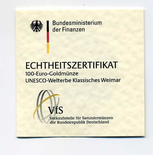  Zertifikat Original für 100 Euro Goldmünze 2006 Weimar nur Zertifikat !!!   