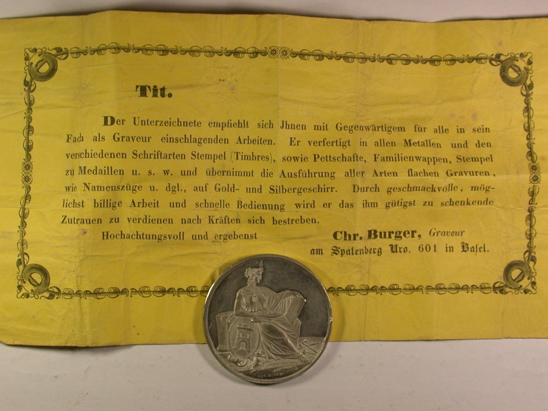  13411 Basel Werbe Medaille v. Chr. Burger mit Begleitschreiben 41 mm, 23,29 gr. Orginalbilder   