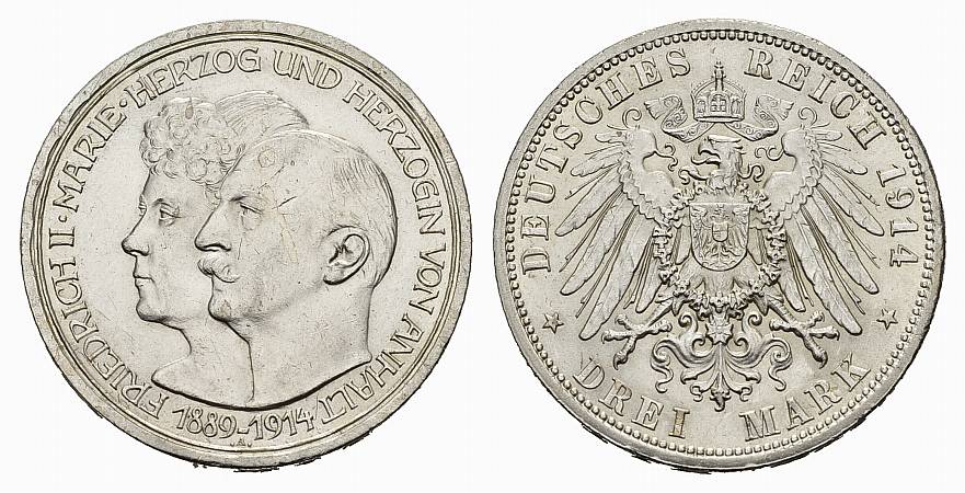 PEUS Kaiserreich Anhalt Zur Silberhochzeit 3 Mark 1914 A Vorzüglich