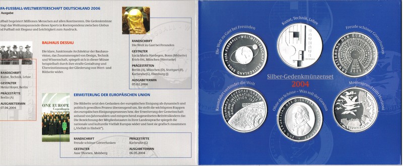  Deutschland  6 x 10 Euro (Gedenkmünzenset) 2004  FM-Frankfurt  Feingewicht: 99,9g  Silber  PP   