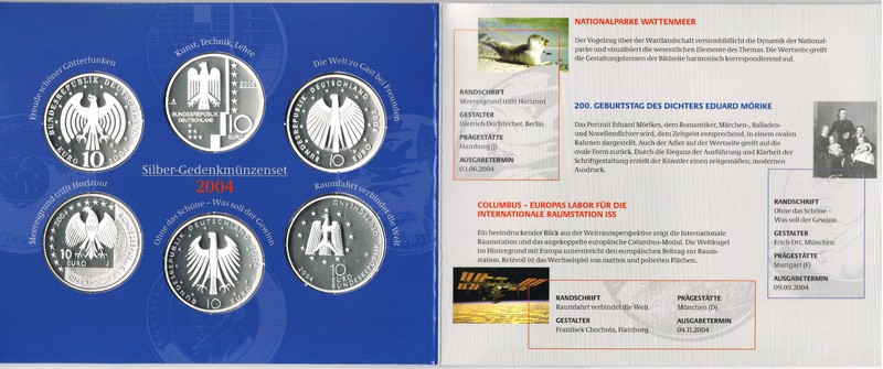  Deutschland  6 x 10 Euro (Gedenkmünzenset) 2004  FM-Frankfurt  Feingewicht: 99,9g  Silber  PP   