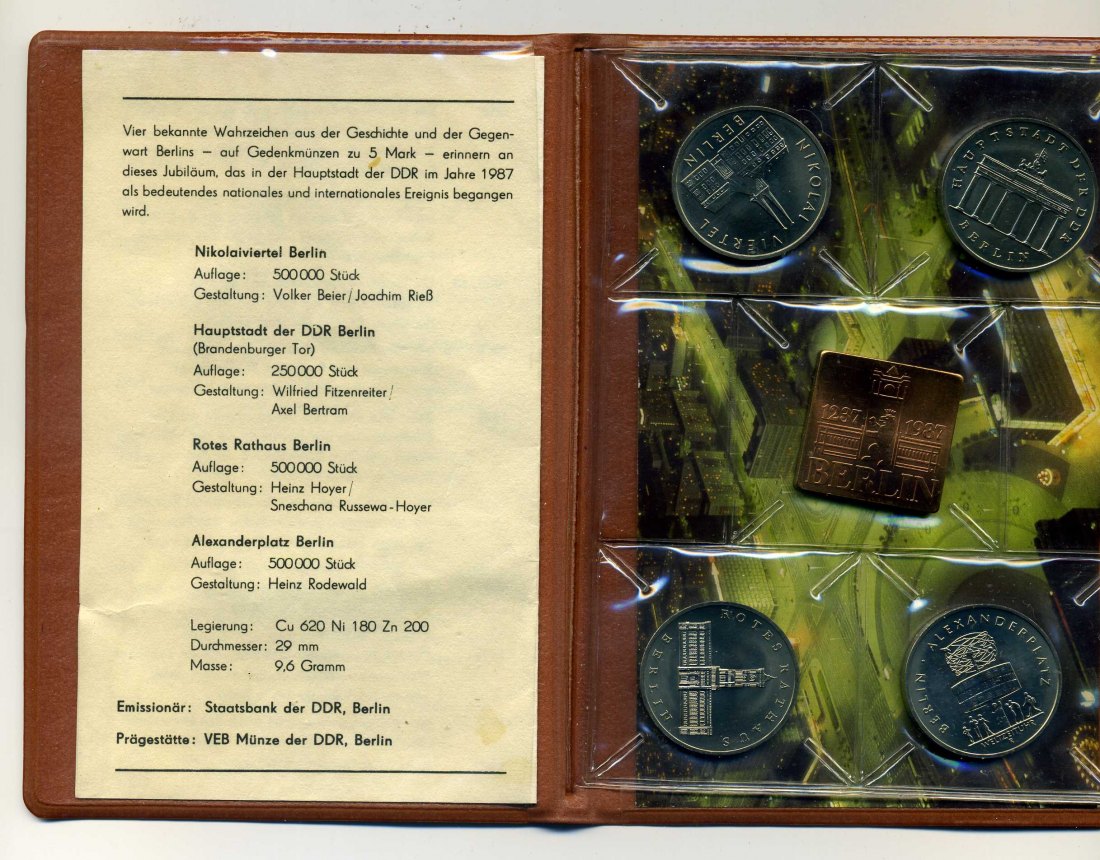  Münztasche 750 Jahre Berlin mit 4x5 Mark DDR 1987 und Medaille stgl.   
