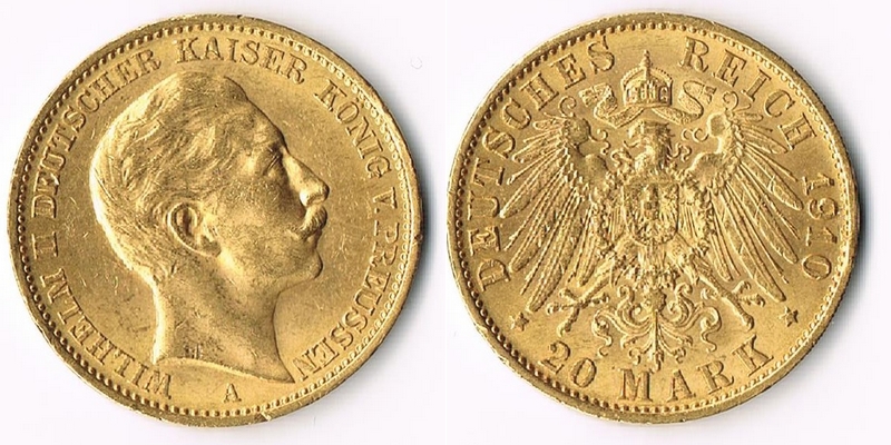 Preussen, Königreich MM-Frankfurt Feingewicht: 7,17g Gold 20 Mark 1910 A sehr schön