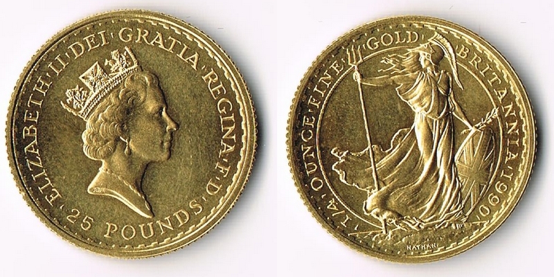 Grossbritannien MM-Frankfurt Feingewicht: 7,78g Gold 25 Pounds (1/4oz Britannia) 1990 sehr schön/vorzüglich