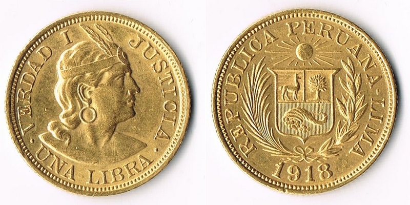 Peru MM-Frankfurt  Feingewicht: 7,33g Gold 1 Libra 1918 vorzüglich