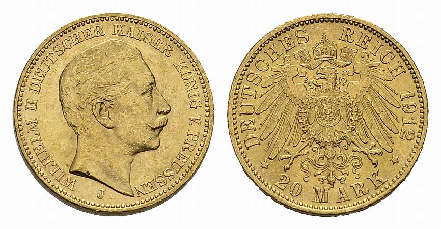 PEUS (2935) Preußen 7,17 g Feingold. Wilhelm II. (1888 - 1918) 20 Mark GOLD 1912 J Vorzüglich