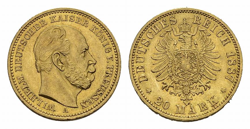 PEUS 2945 Preußen 7,17 g Feingold. Wilhelm I. (1861 - 1888) 20 Mark GOLD 1887 A Berlin fast Vorzüglich
