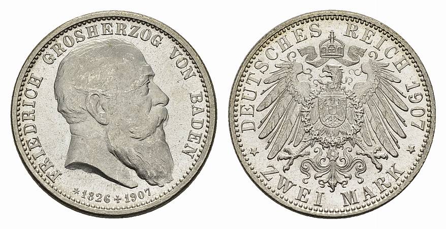 PEUS 3003 Kaiserreich, Baden Friedrich I. (1856 - 1907), auf seinen Tod 2 Mark 1907 G fast Stempelglanz