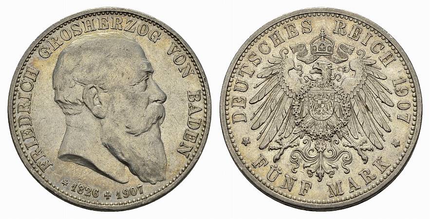PEUS 3008 Kaiserreich, Baden Friedrich I. (1856 - 1907), auf seinen Tod 5 Mark 1907 G fast Vorzüglich