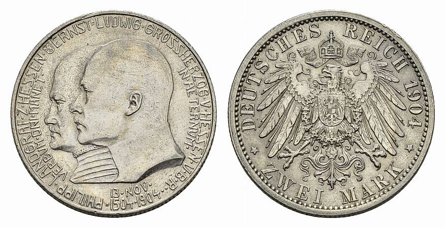 PEUS 3042 Kaiserreich, Hessen 400. Geburtstag Philipps des Großmütigen 2 Mark 1904 Sehr schön