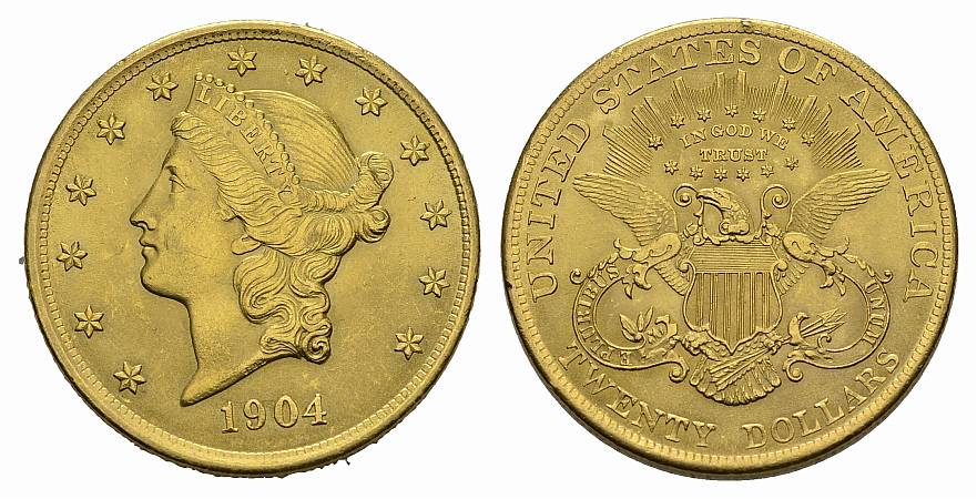 PEUS 3108 USA 30,1 g Feingold. Coronet Head 20 Dollars GOLD 1904 Sehr schön, Randfehler