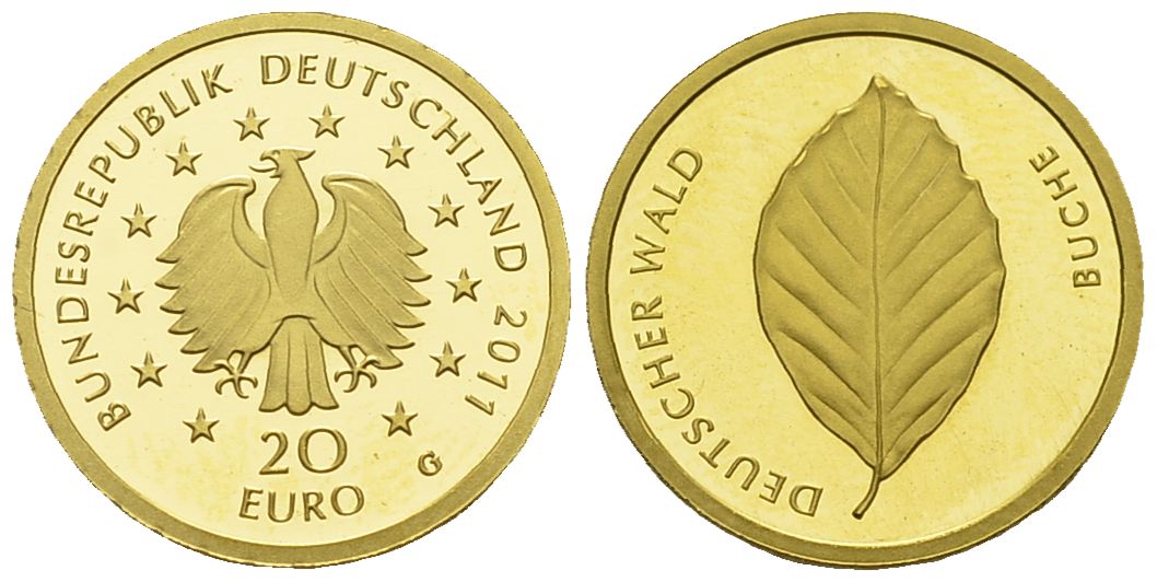 PEUS 3623 BRD 3,89 g Feingold. Deutscher Wald - Buche OHNE Zertifikat + Verpackung 20 Euro GOLD 2011 G Stempelglanz